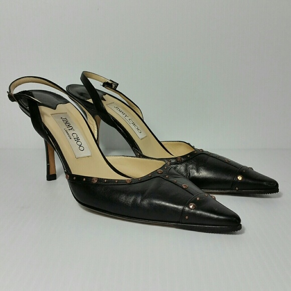 Jimmy Choo Slingback Heels Black Leather w/Studs - Picture 2 of 8